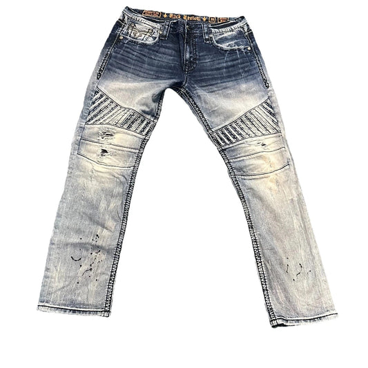 Rock Revival Mens Wilkins Biker USA Distressed Regular Straight Jeans Rare 38