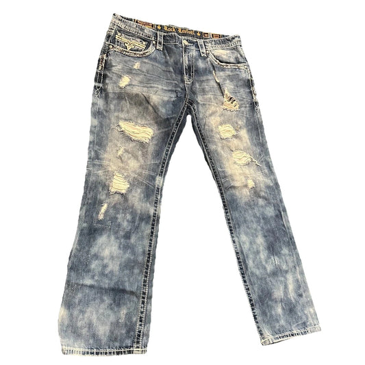 Rock Revival Rare Blue Embroidery Distressed Bleached Young Straight Jeans 38