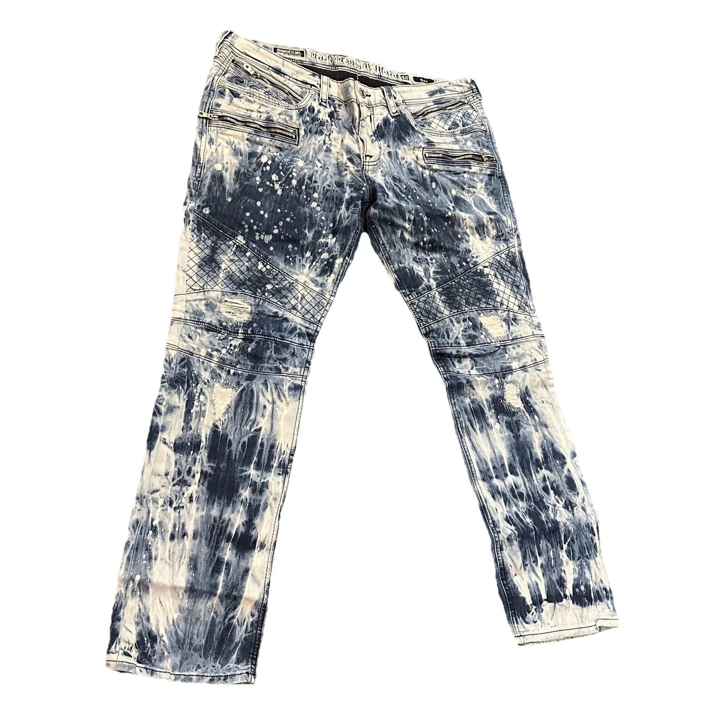 Rock Revival Moto Mens Blue EAN Acid Wash Distressed Zippers Straight Jeans 40