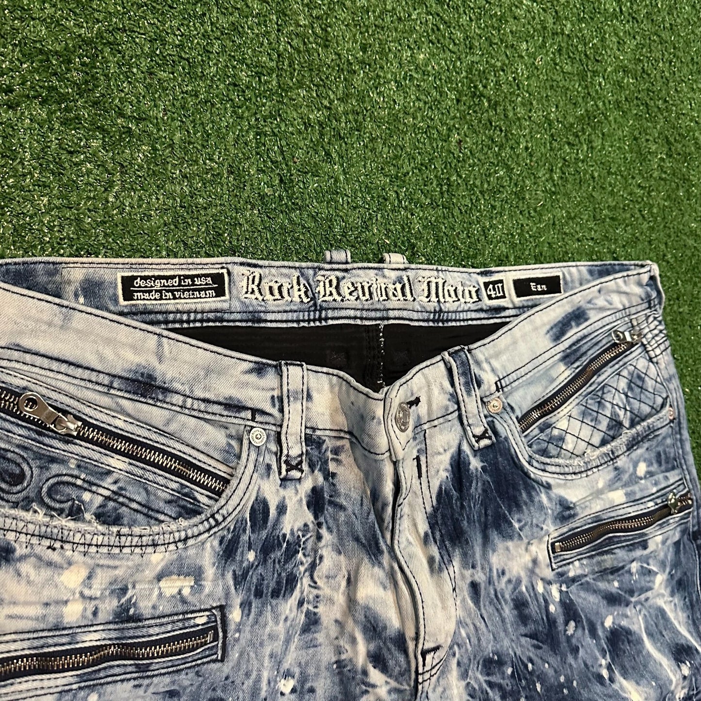 Rock Revival Moto Mens Blue EAN Acid Wash Distressed Zippers Straight Jeans 40