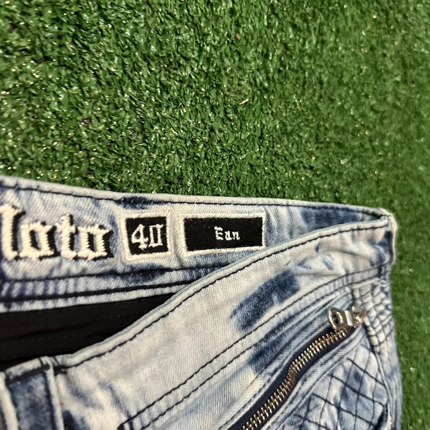 Rock Revival Moto Mens Blue EAN Acid Wash Distressed Zippers Straight Jeans 40