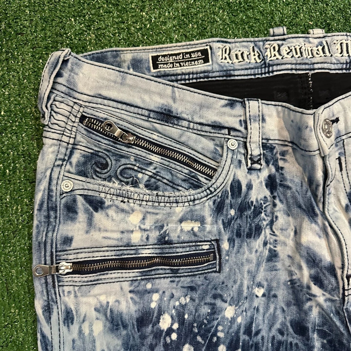 Rock Revival Moto Mens Blue EAN Acid Wash Distressed Zippers Straight Jeans 40