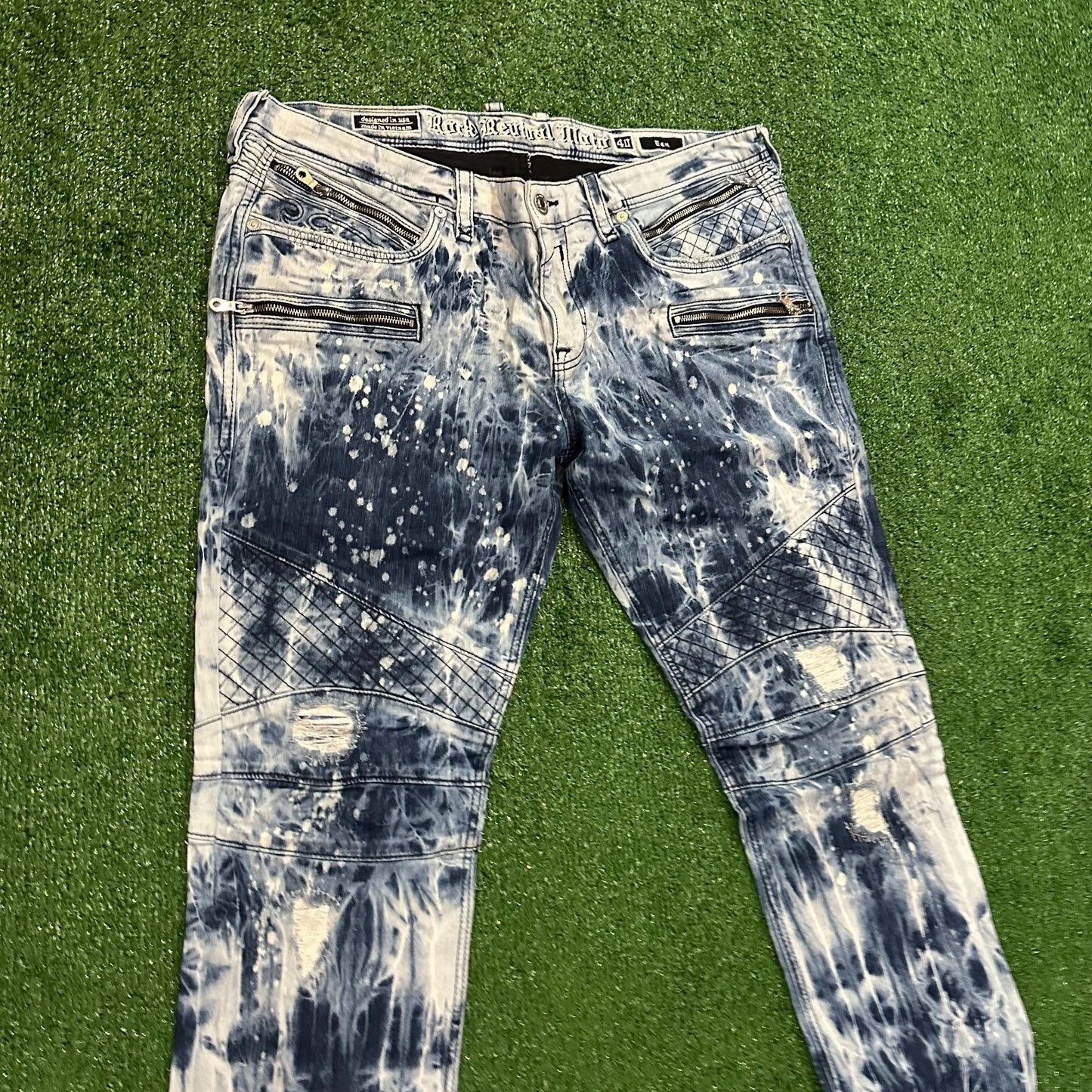 Rock Revival Moto Mens Blue EAN Acid Wash Distressed Zippers Straight Jeans 40