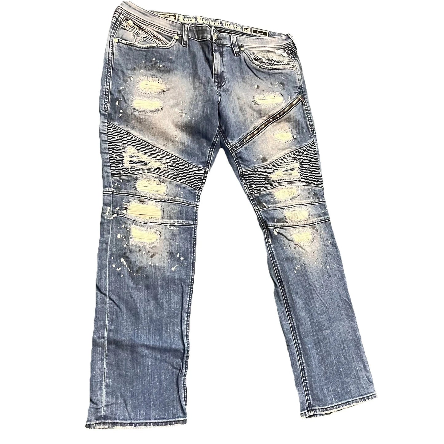 Rock Revival Mens Blue Distressed Moto Jezek Zipper Pocket Jeans Rare 40