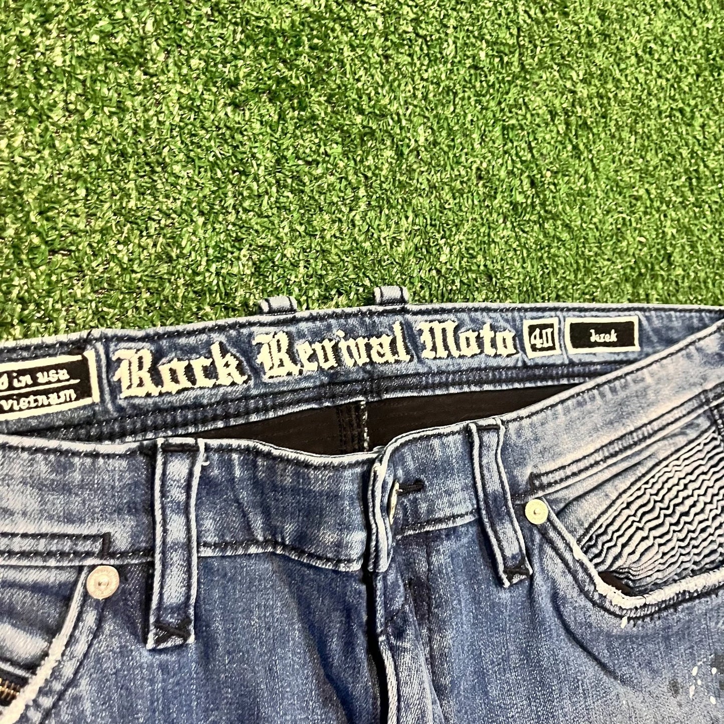 Rock Revival Mens Blue Distressed Moto Jezek Zipper Pocket Jeans Rare 40
