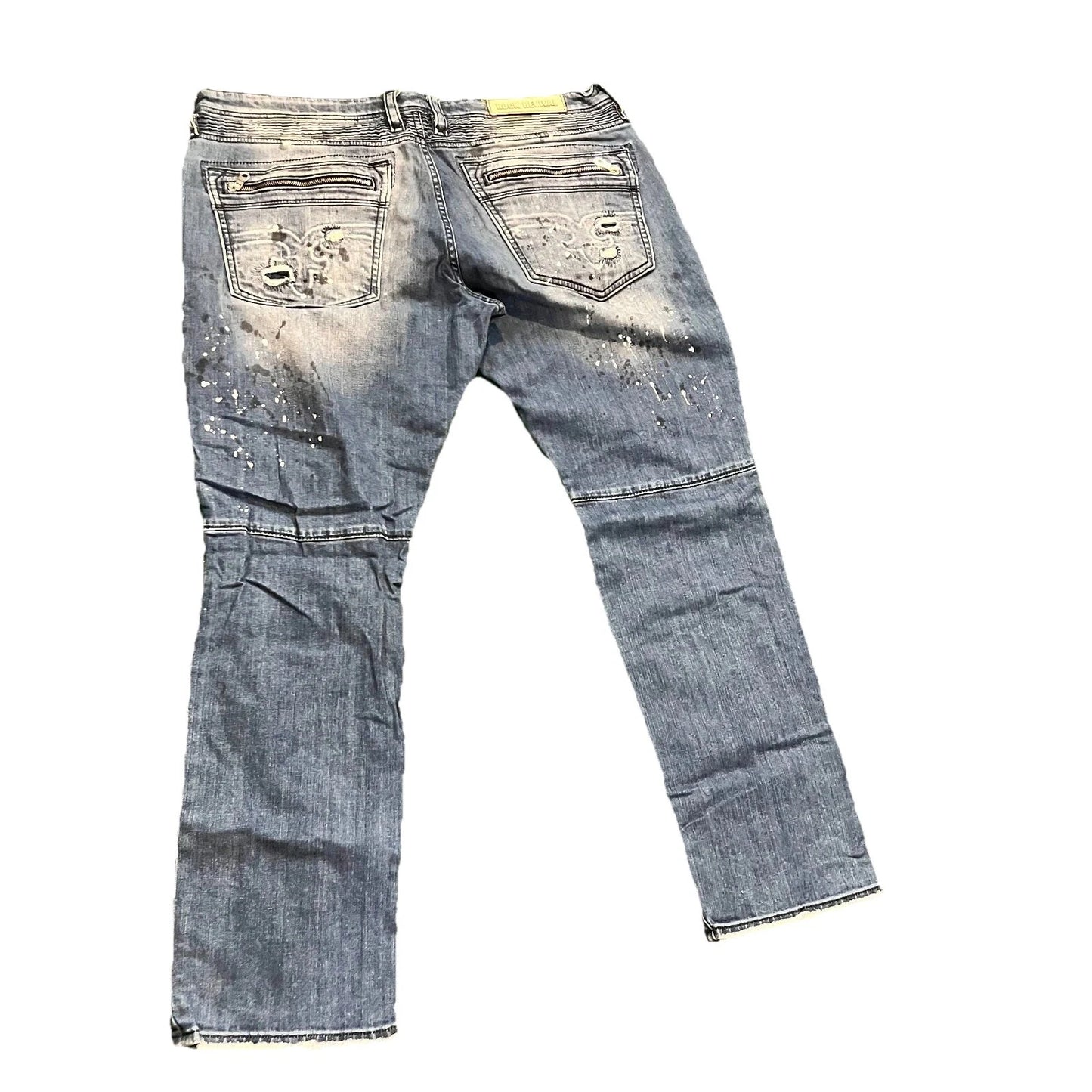 Rock Revival Mens Blue Distressed Moto Jezek Zipper Pocket Jeans Rare 40