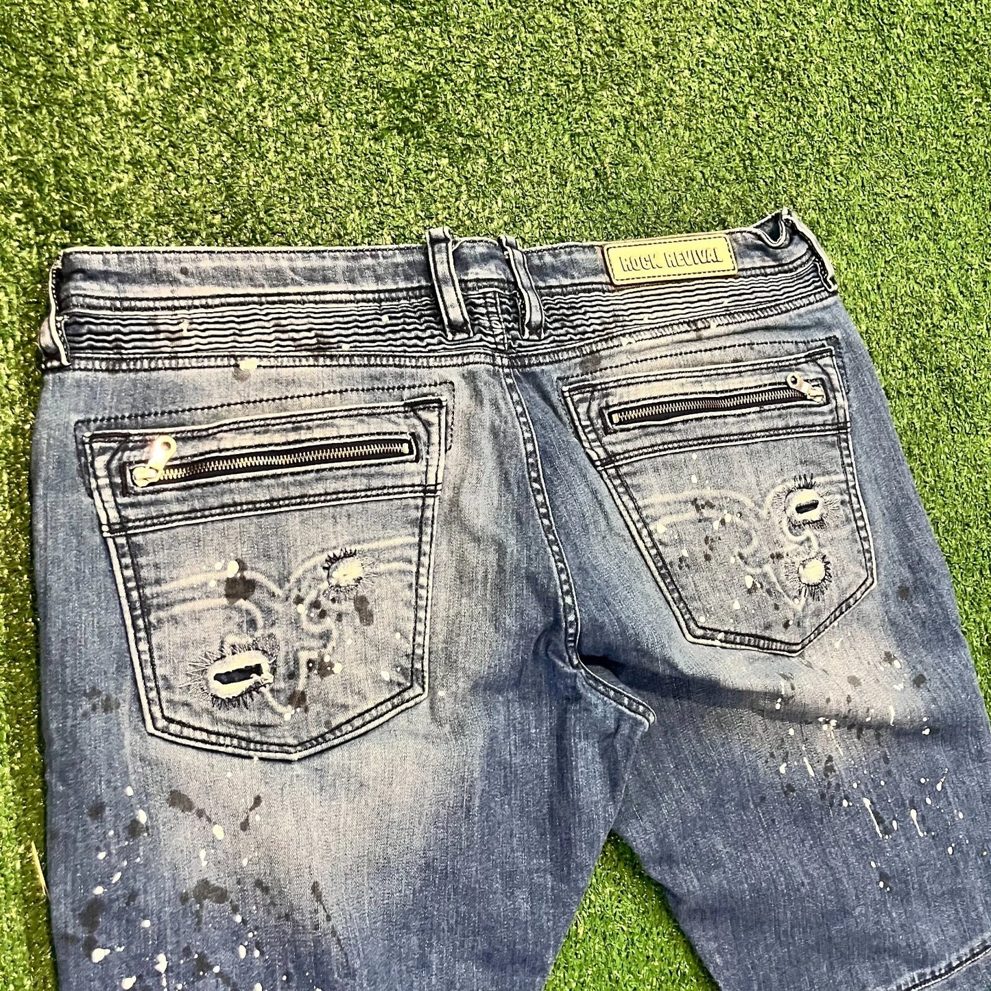 Rock Revival Mens Blue Distressed Moto Jezek Zipper Pocket Jeans Rare 40