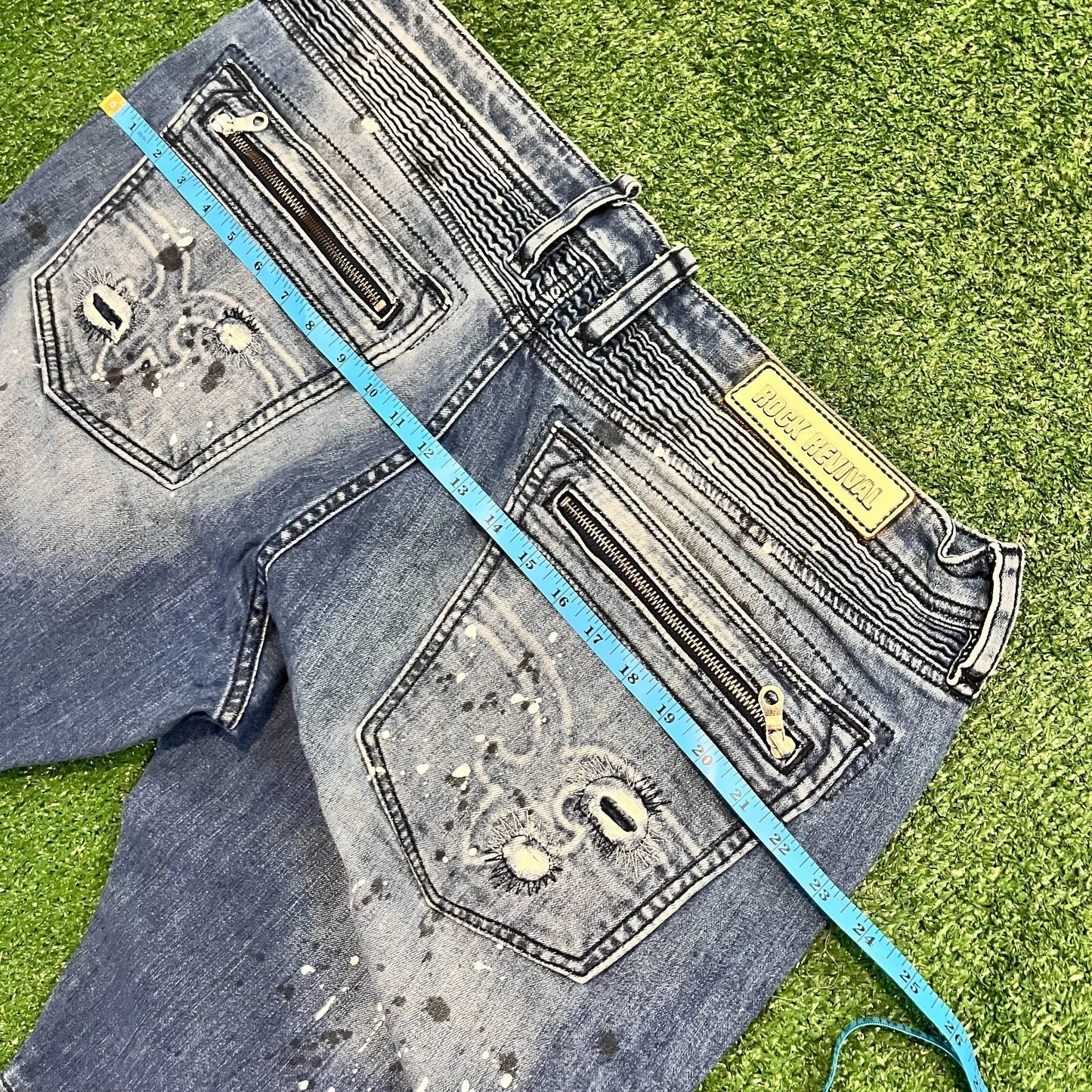 Rock Revival Mens Blue Distressed Moto Jezek Zipper Pocket Jeans Rare 40