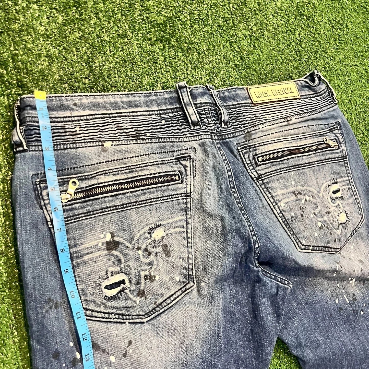Rock Revival Mens Blue Distressed Moto Jezek Zipper Pocket Jeans Rare 40