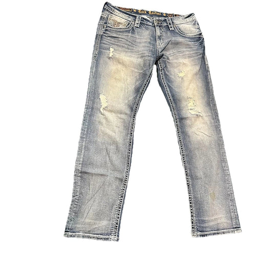 Rock Revival Mens Light Blue Distressed Saul Straight Denim Jeans Rare 36