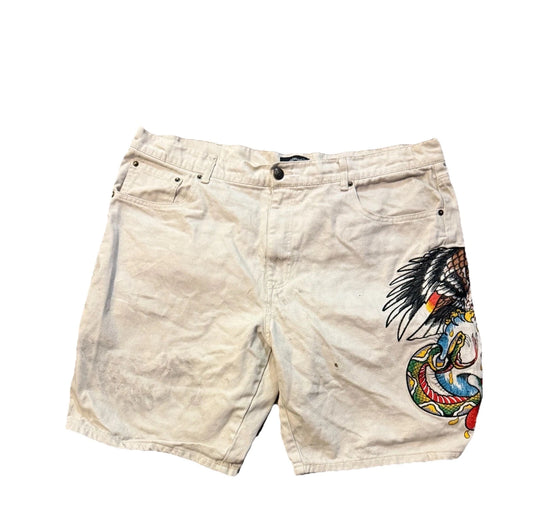 Ed Hardy Denim Beige Skull Snake Skater Fit Vintage Rock Bermuda Shorts Y2K