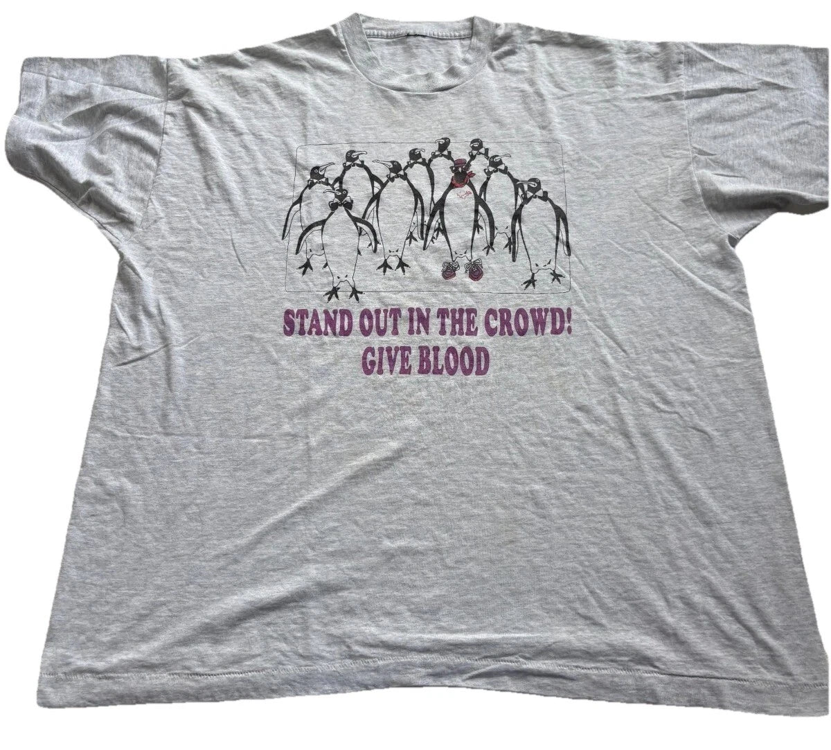 Penguins Mans Gray STAND OUT IN THE CROWD! GIVE BLOOD Rare Vintage T-Shirt Large