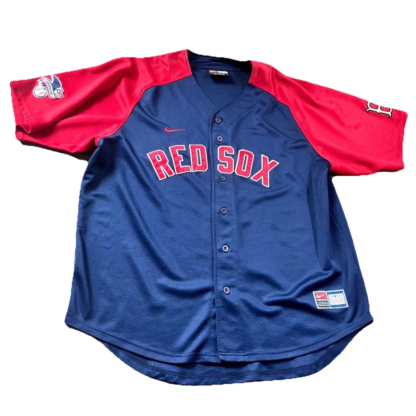 Vintage Nike Mens Boston Red Sox MLB Red Navy American Button Up Shirt Size XL