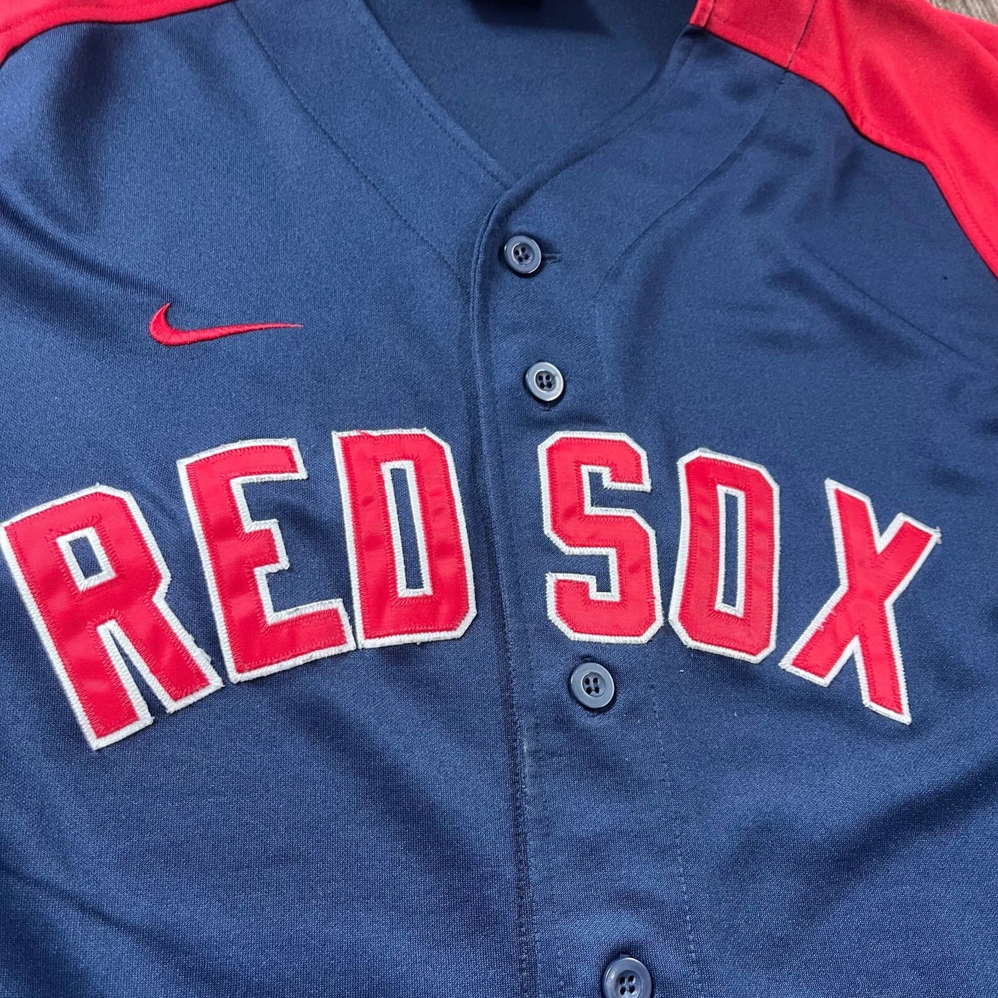 Vintage Nike Mens Boston Red Sox MLB Red Navy American Button Up Shirt Size XL