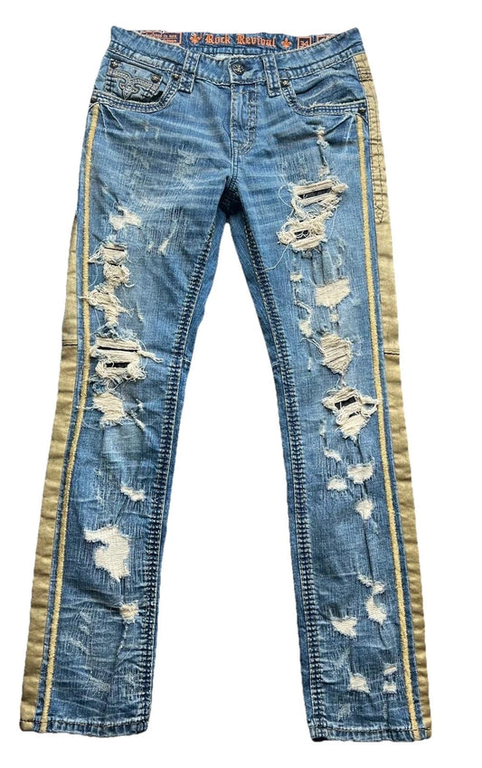 Rock Revival Mems Blue Distressed Stretch Reid Rare Y2K Alt Straight Sz 34