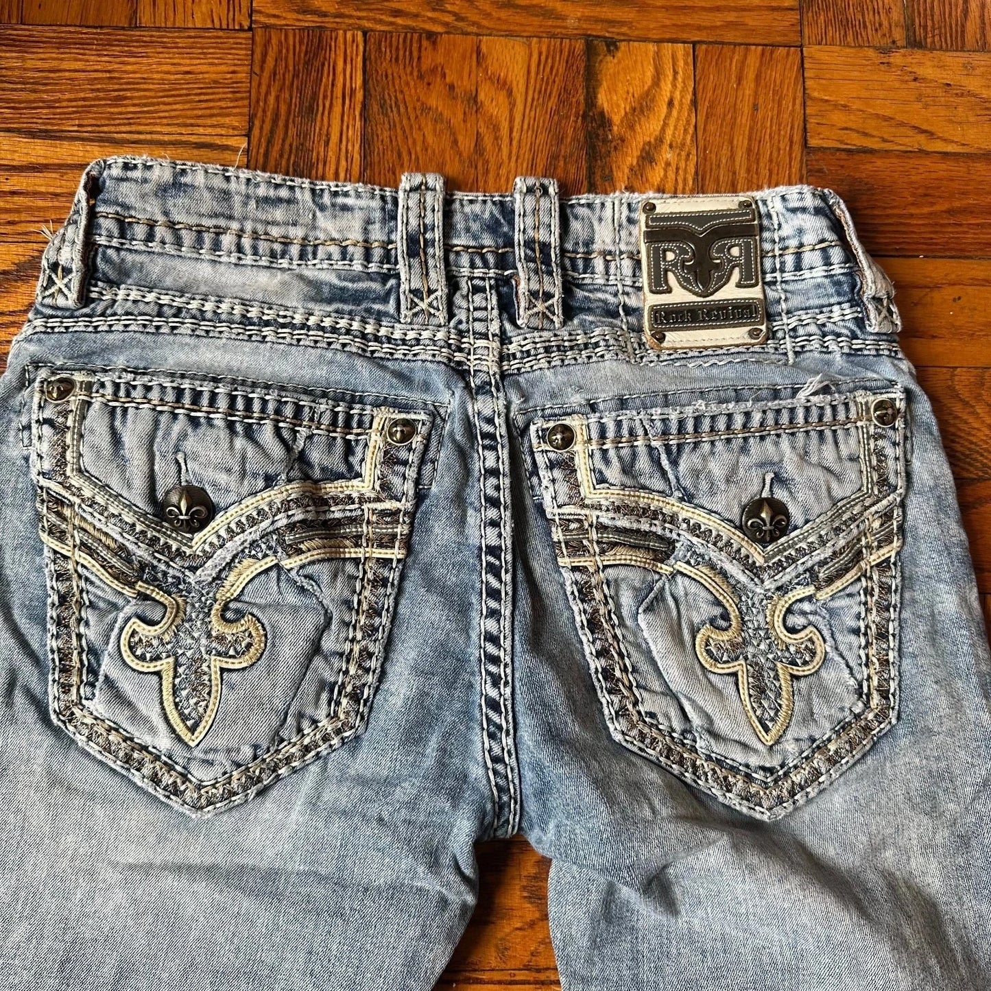 Rock Revival Mens Acid Blue Wash Denim Distressed Donato Bootcut Jeans Size 32