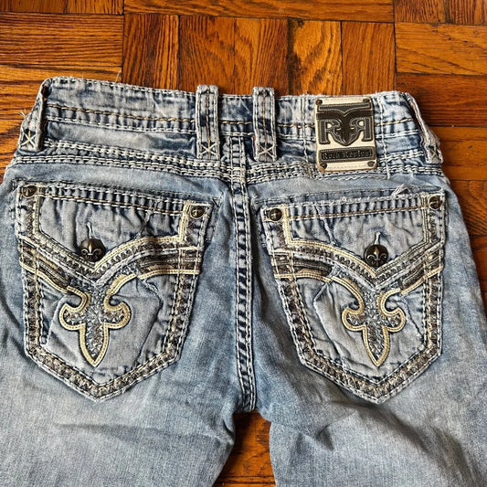 Rock Revival Mens Acid Blue Wash Denim Distressed Donato Bootcut Jeans Size 32