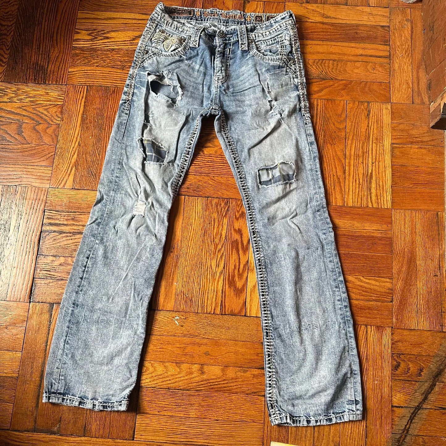 Rock Revival Mens Acid Blue Wash Denim Distressed Donato Bootcut Jeans Size 32
