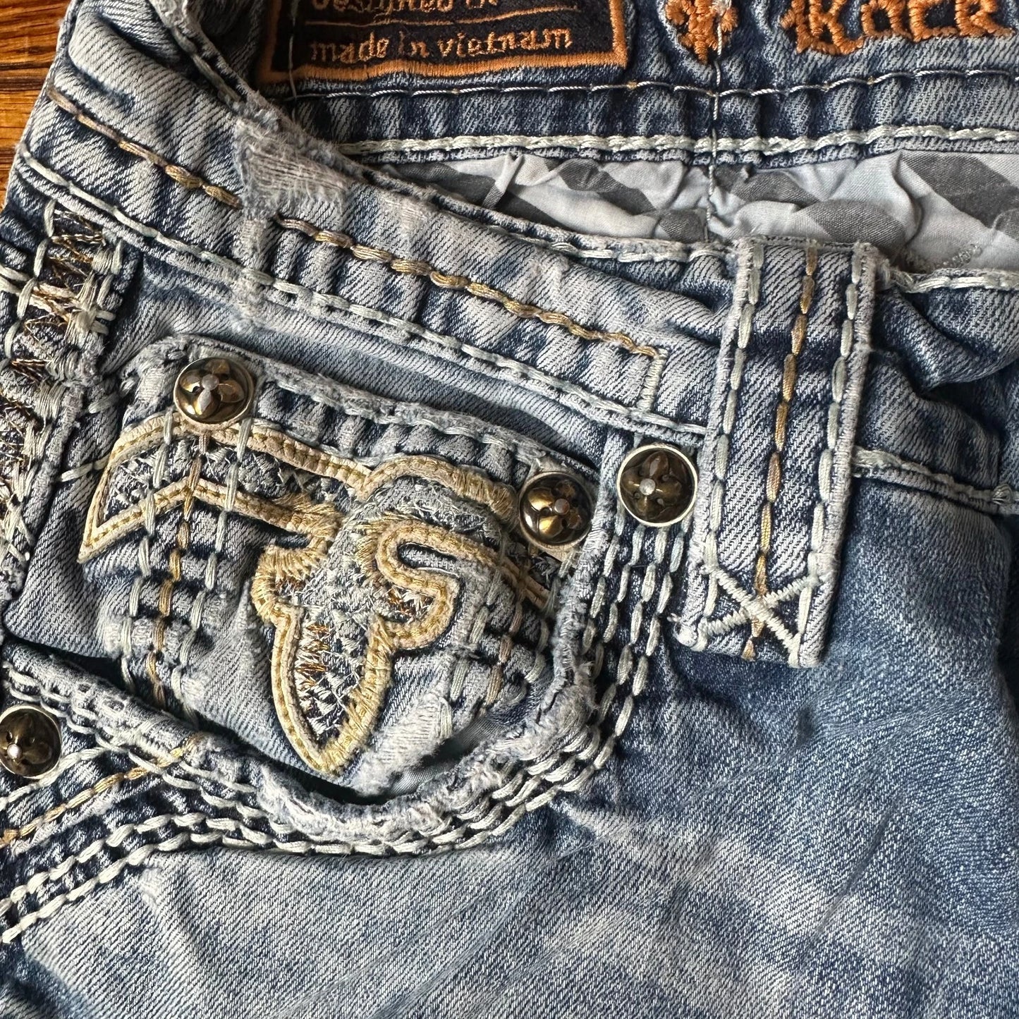 Rock Revival Mens Acid Blue Wash Denim Distressed Donato Bootcut Jeans Size 32