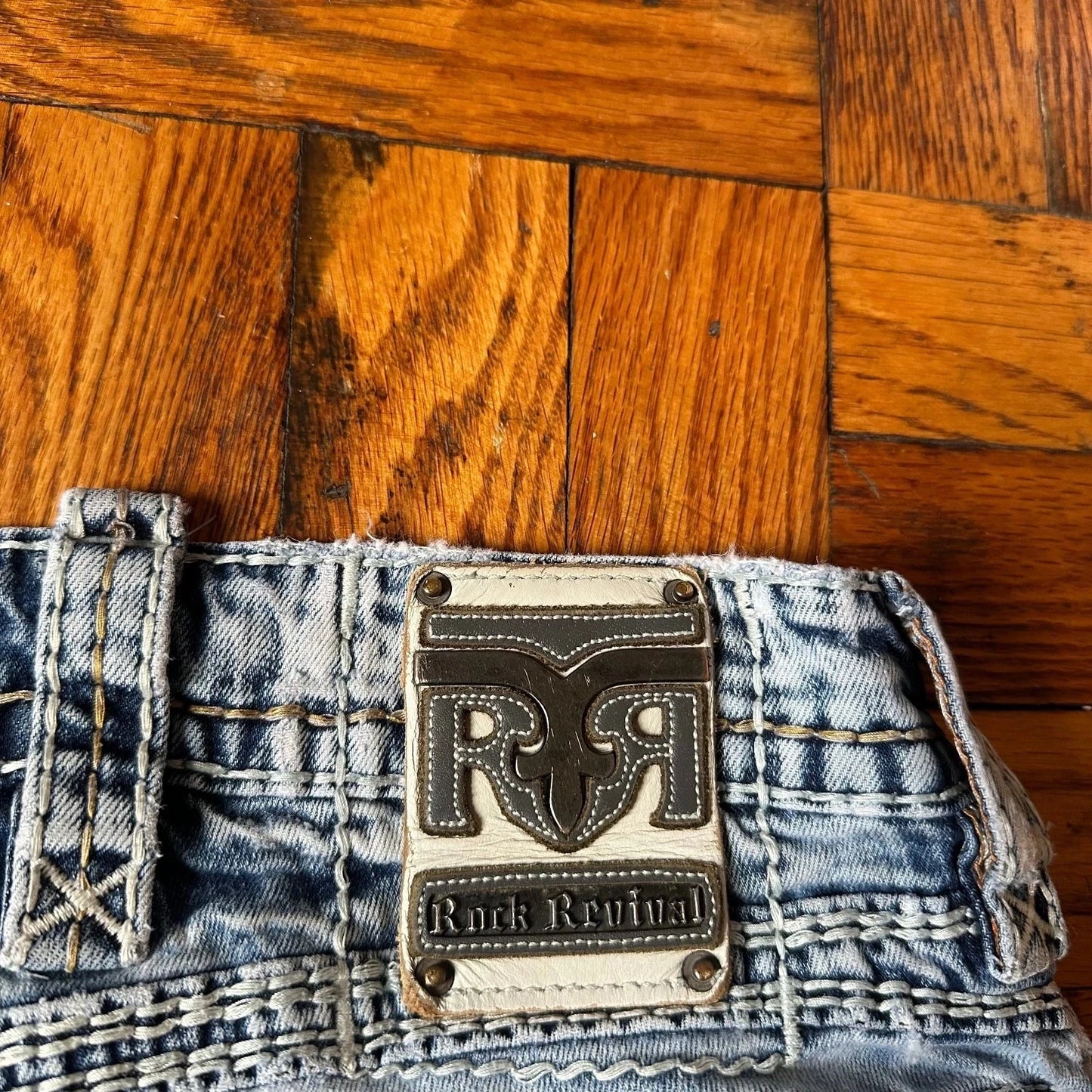Rock Revival Mens Acid Blue Wash Denim Distressed Donato Bootcut Jeans Size 32