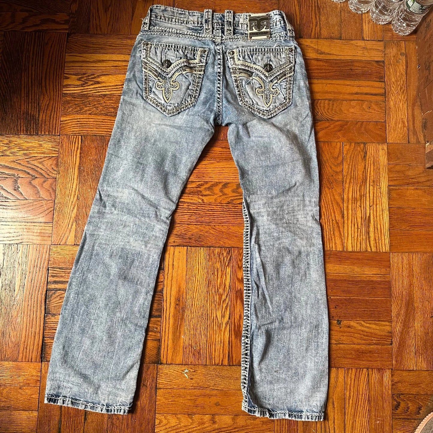 Rock Revival Mens Acid Blue Wash Denim Distressed Donato Bootcut Jeans Size 32