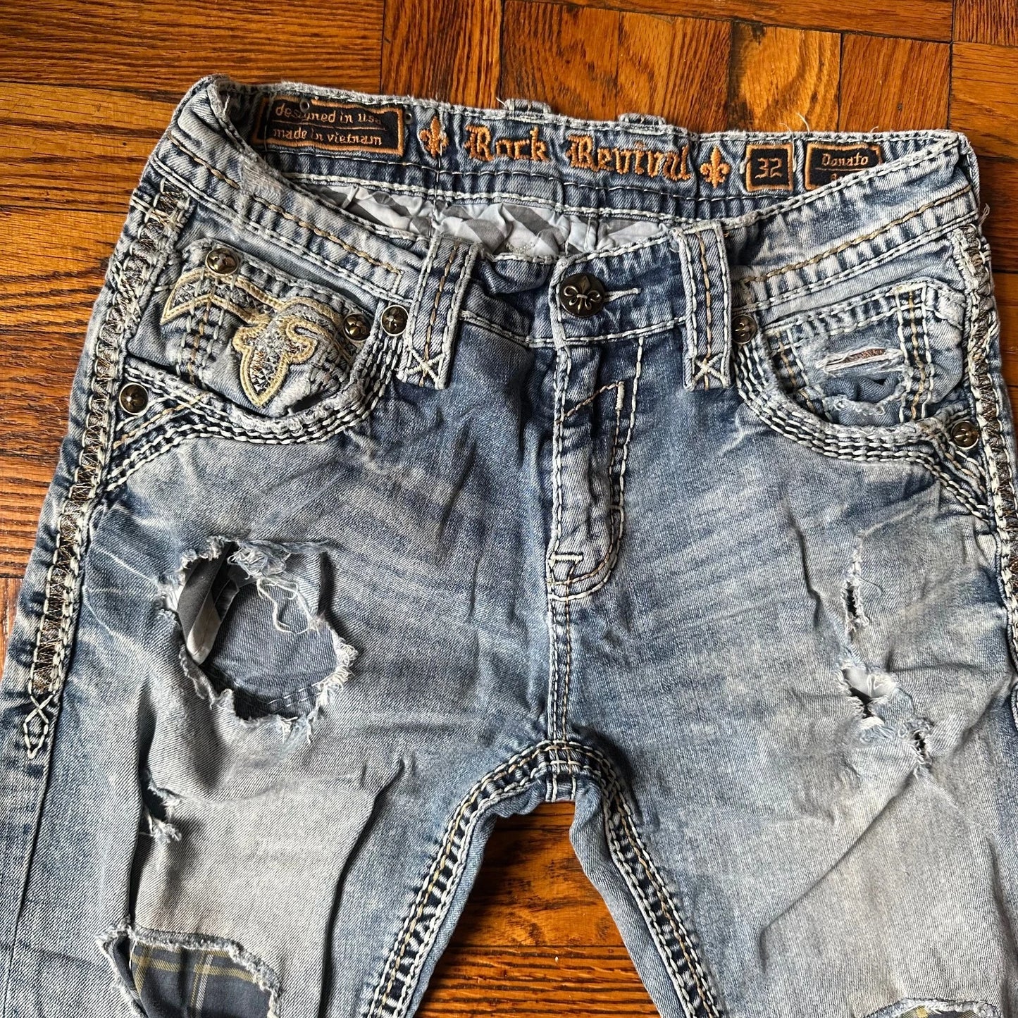 Rock Revival Mens Acid Blue Wash Denim Distressed Donato Bootcut Jeans Size 32