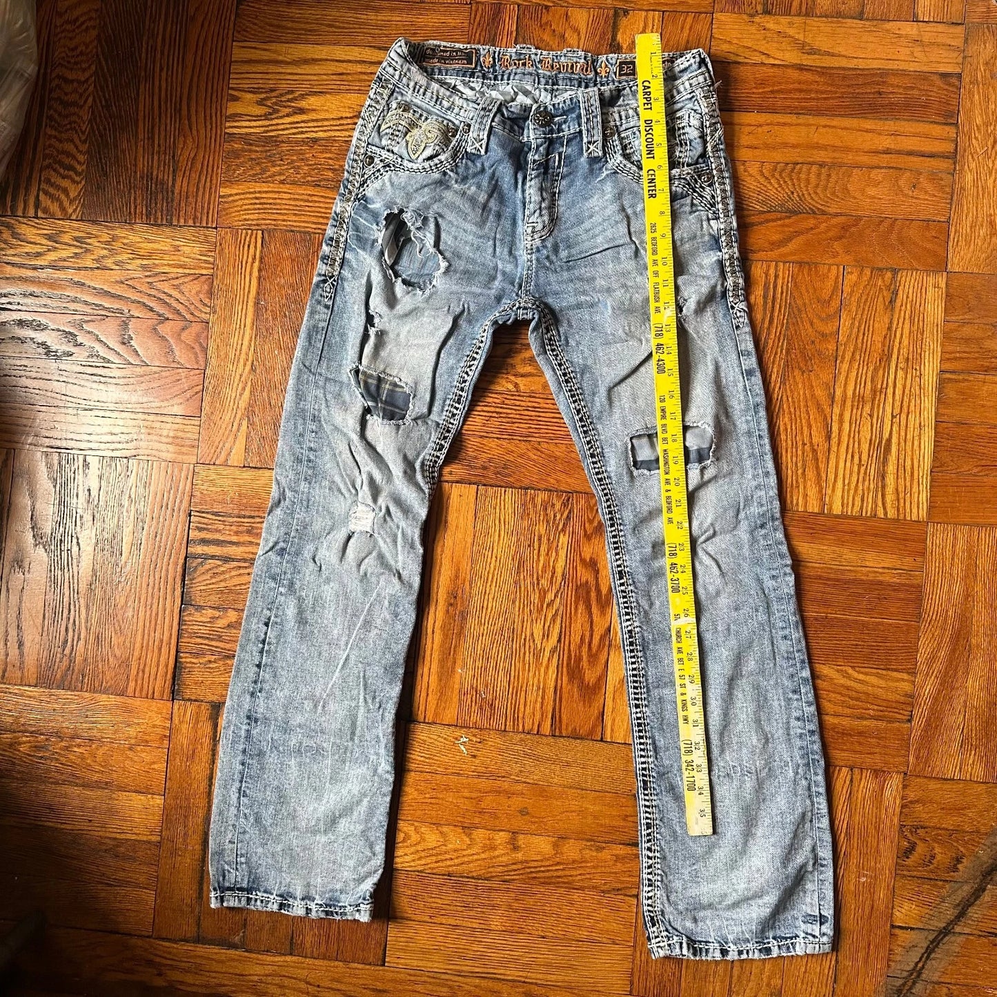 Rock Revival Mens Acid Blue Wash Denim Distressed Donato Bootcut Jeans Size 32