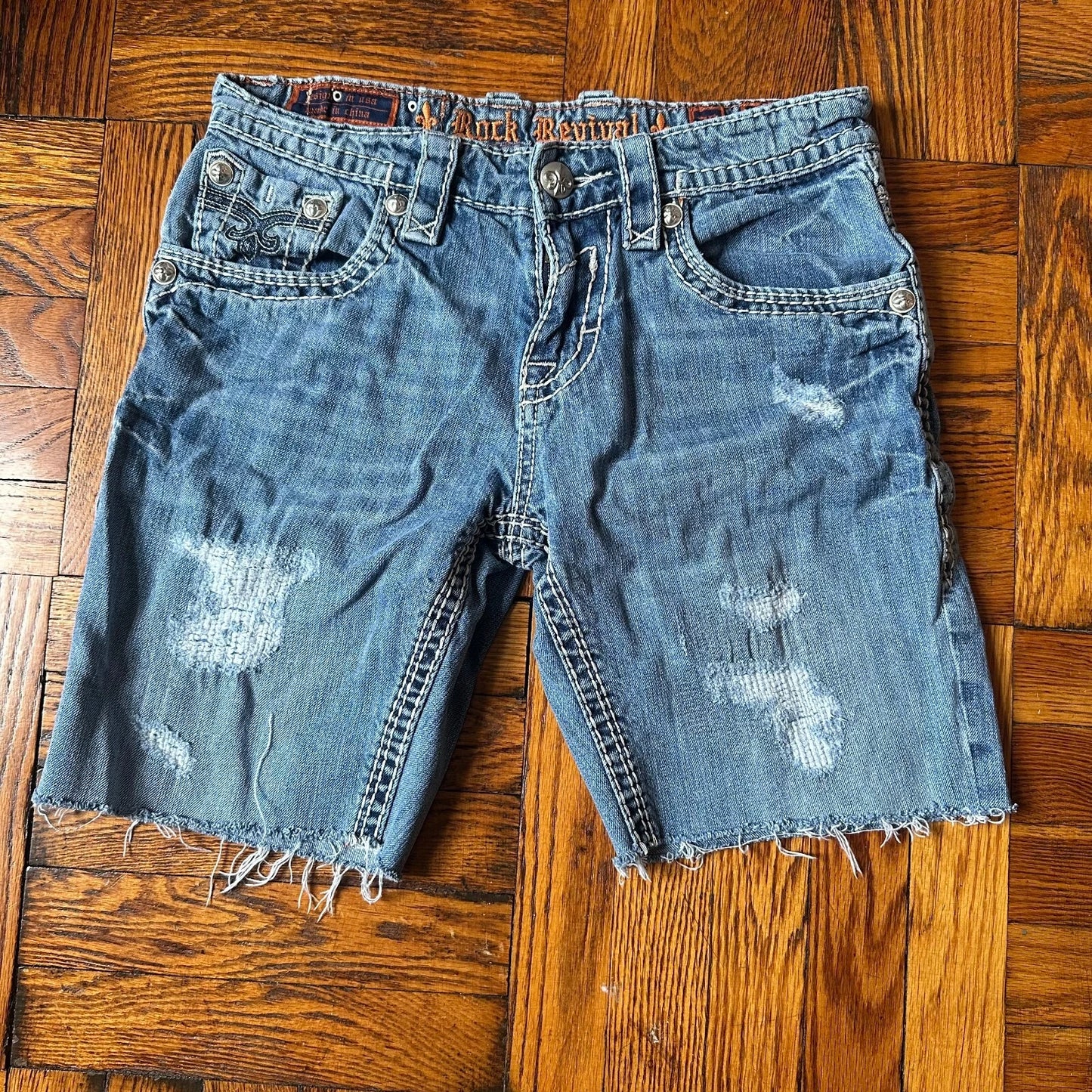 Rock Revival Mens Raw Hem Ripped Duck Relaxed Straight Bermuda Shorts Size 30