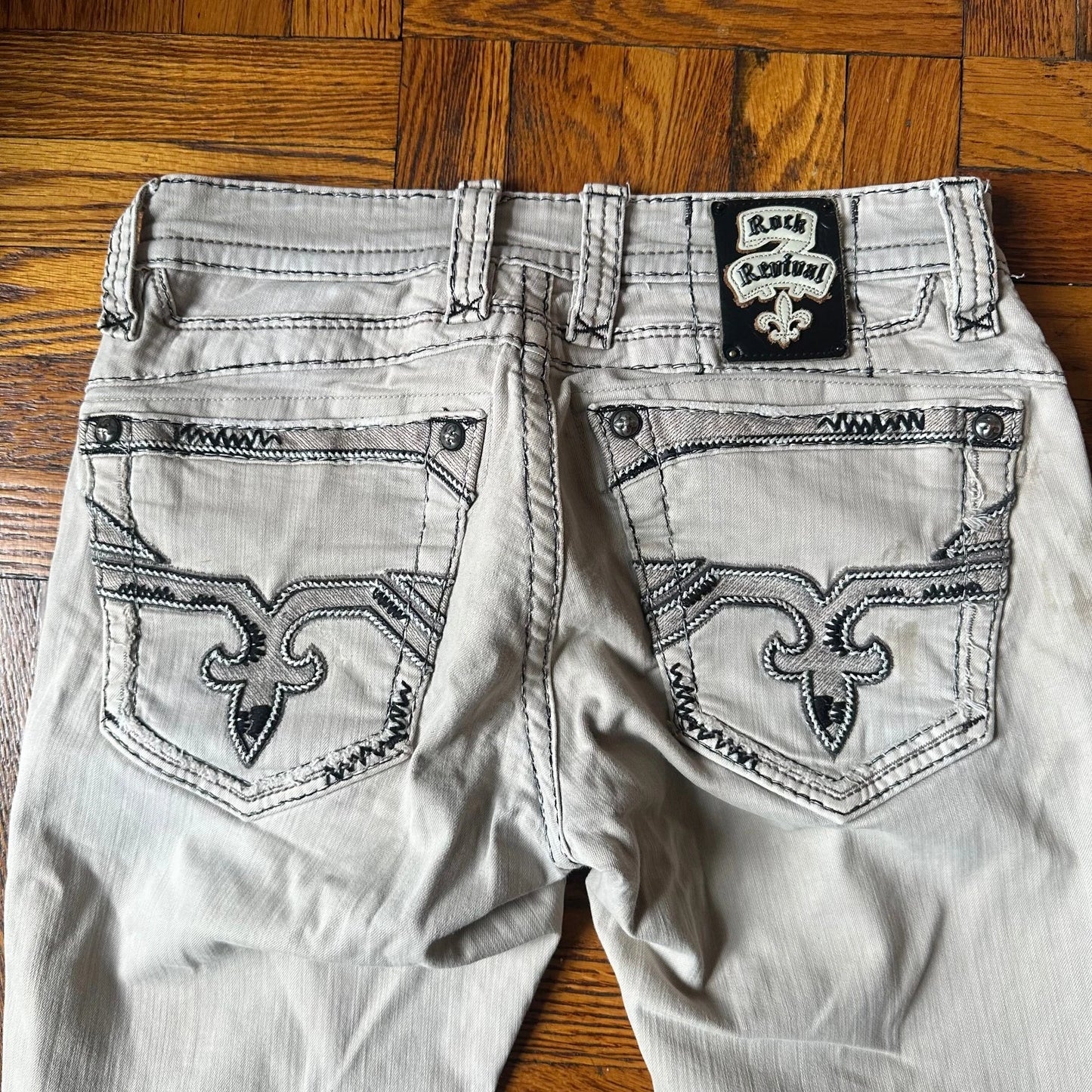 Rock Revival Mens Light Gray Stitch Denim Stretch Faust Straight Jeans Size 32
