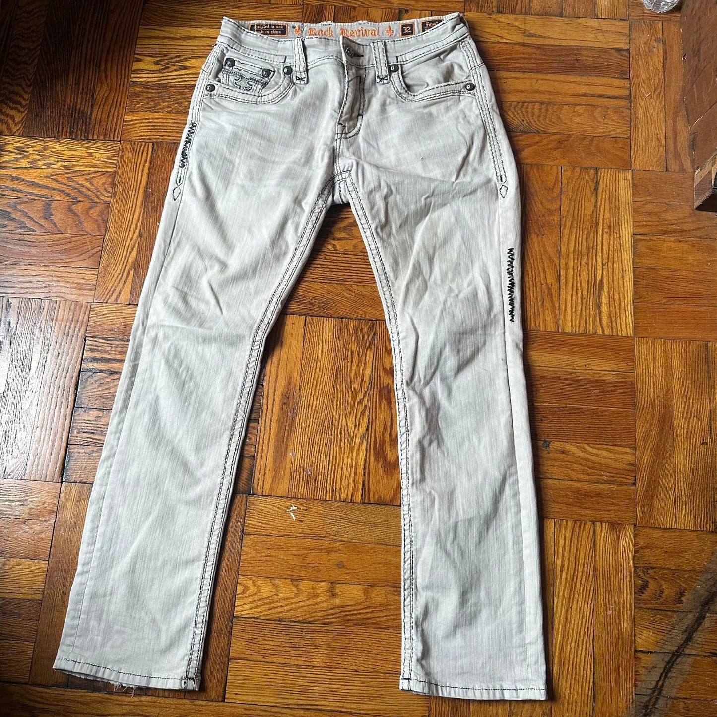Rock Revival Mens Light Gray Stitch Denim Stretch Faust Straight Jeans Size 32