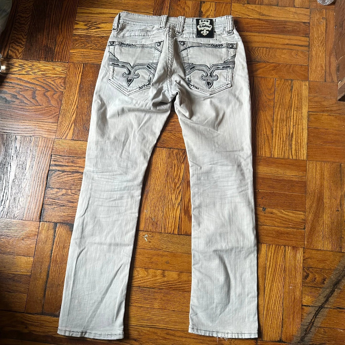 Rock Revival Mens Light Gray Stitch Denim Stretch Faust Straight Jeans Size 32