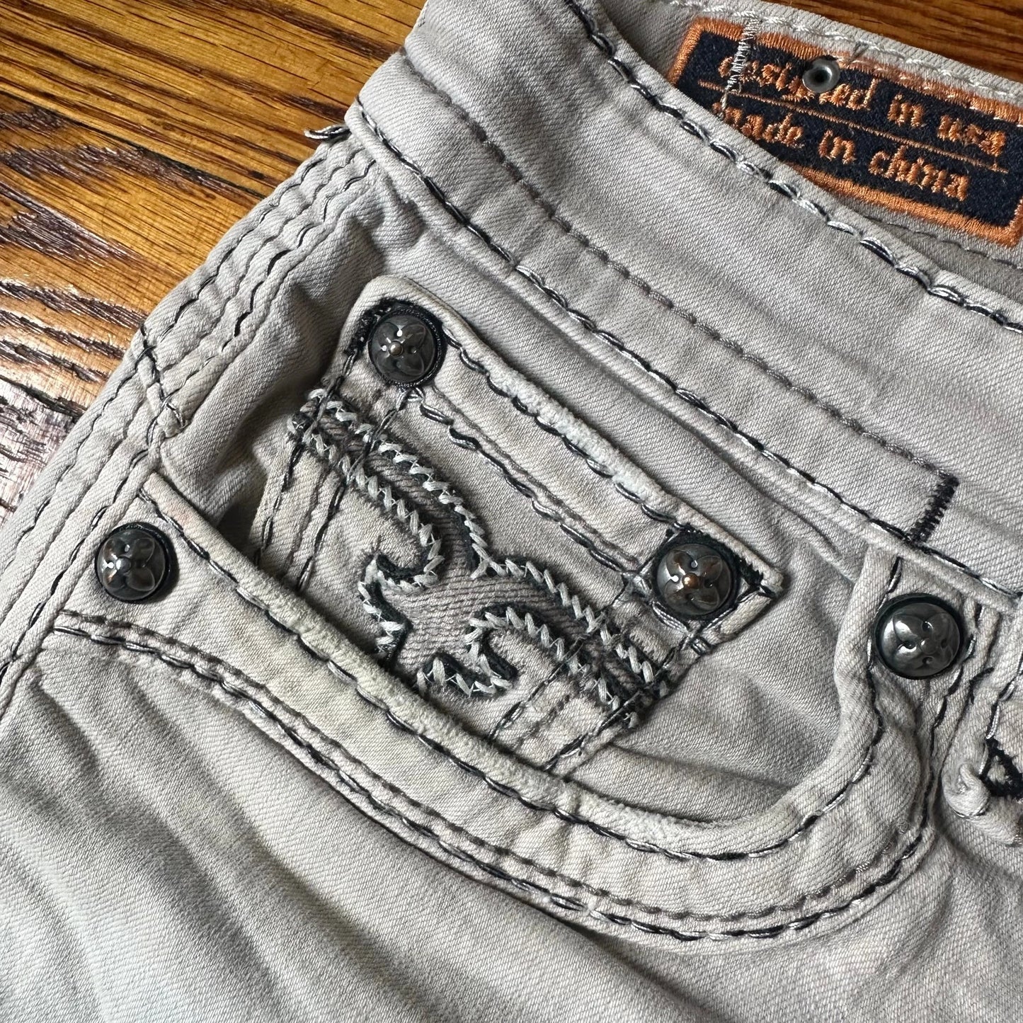 Rock Revival Mens Light Gray Stitch Denim Stretch Faust Straight Jeans Size 32