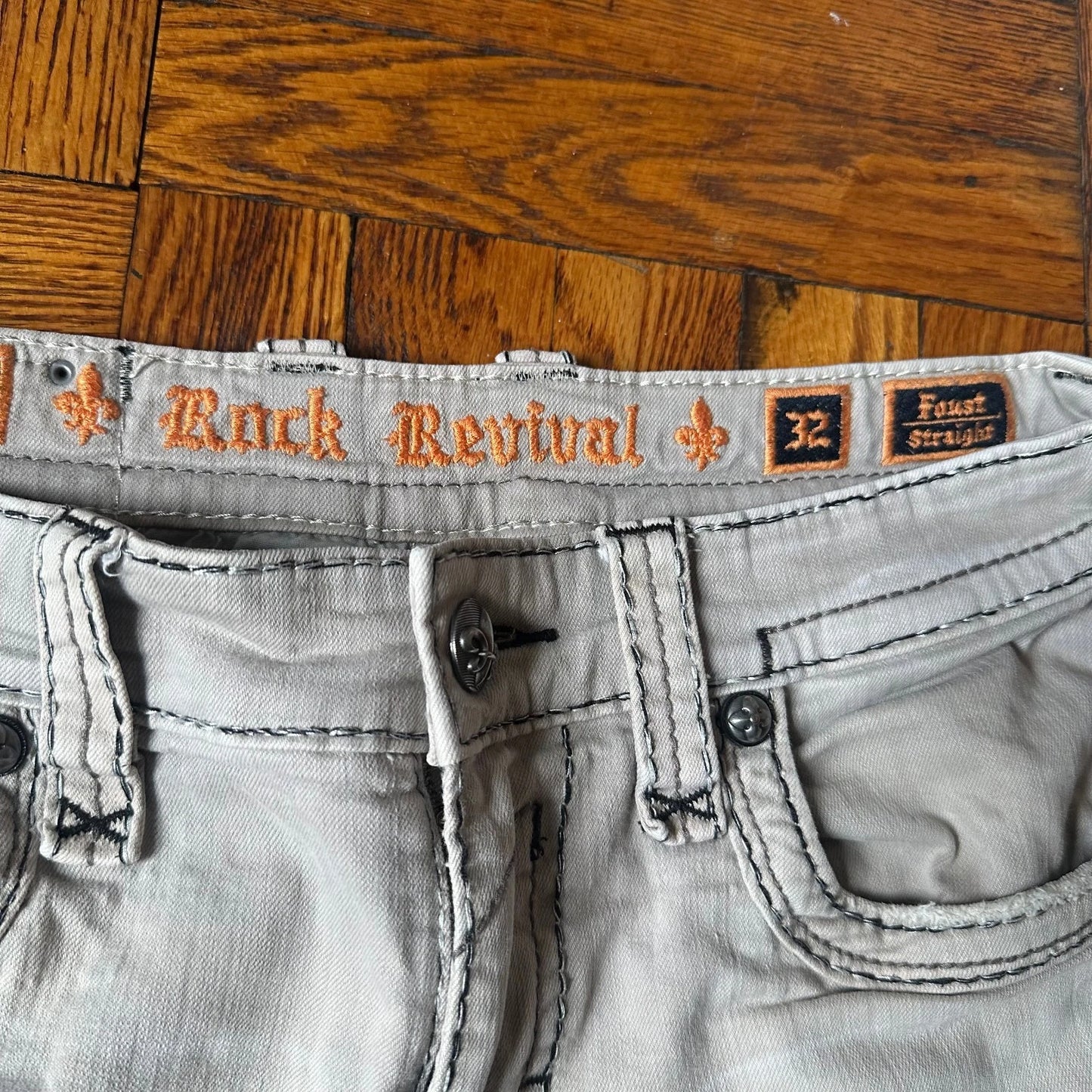 Rock Revival Mens Light Gray Stitch Denim Stretch Faust Straight Jeans Size 32