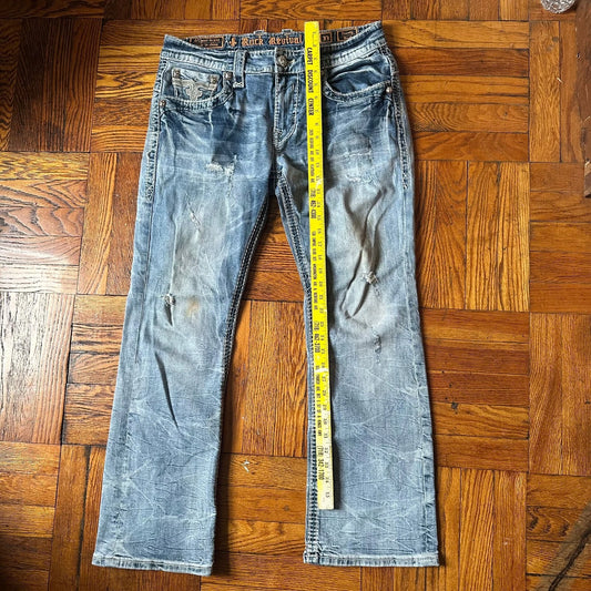 Rock Revival Mens Distressed Thick Stitch Vintage Fenney Bootcut Jeans Size 33