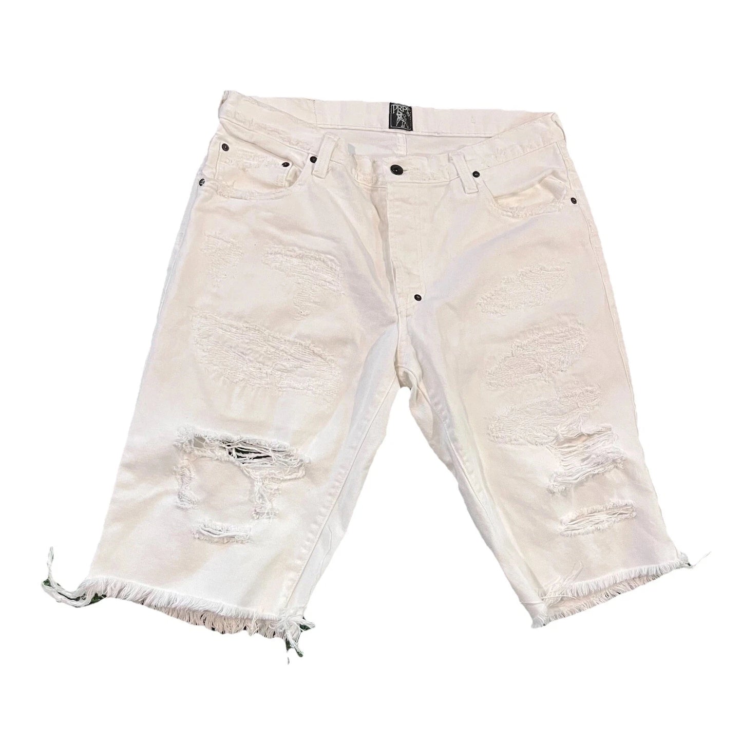 Prps Mens White Raw-Hem Distressed Denim Straight Bermuda Shorts Rare 34