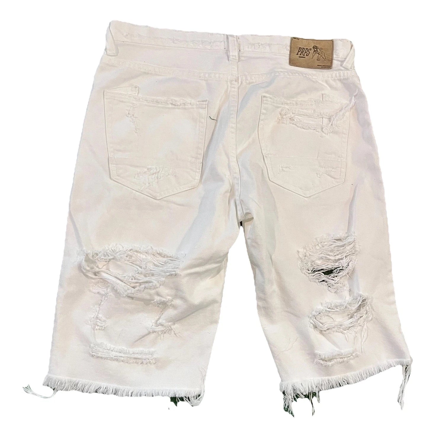 Prps Mens White Raw-Hem Distressed Denim Straight Bermuda Shorts Rare 34