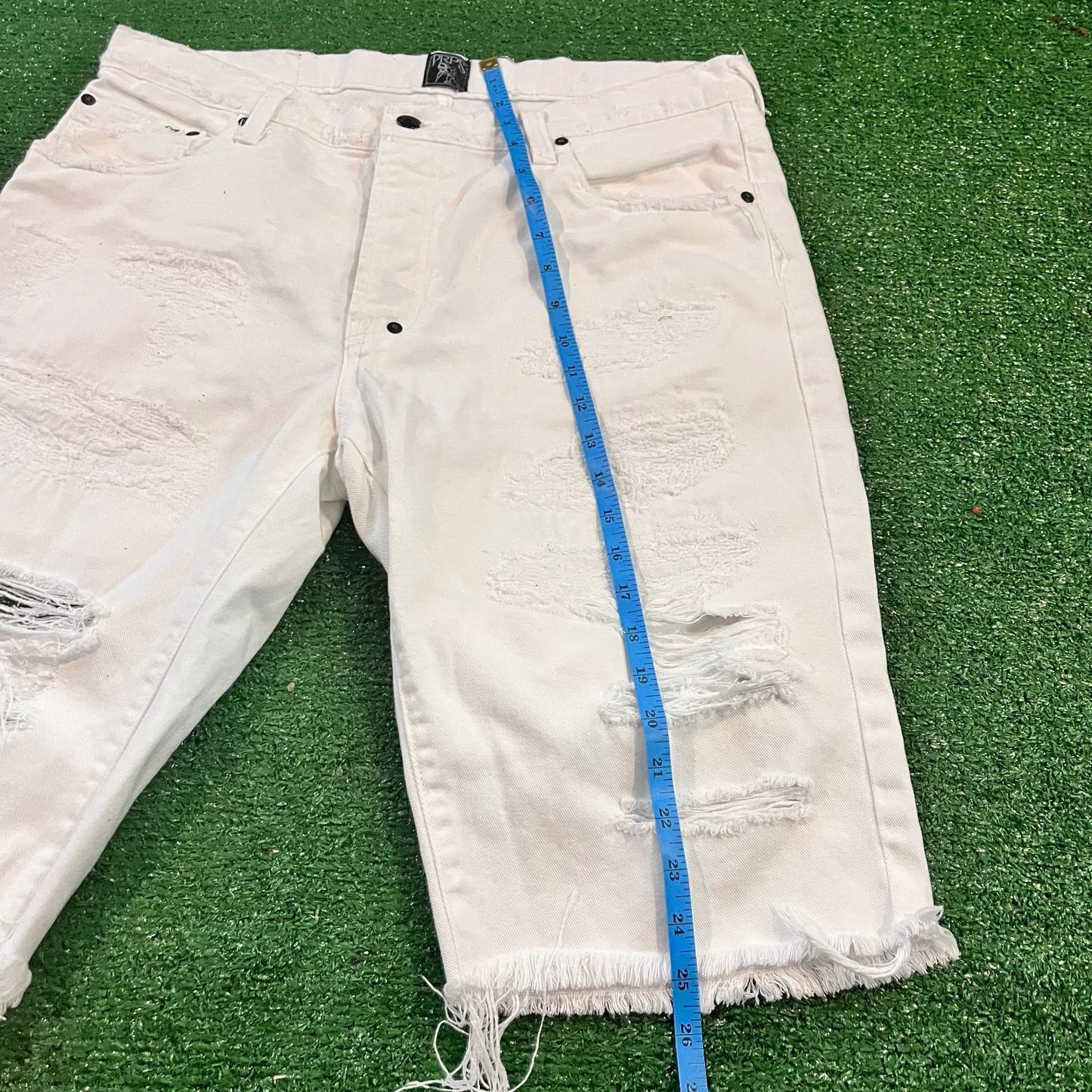 Prps Mens White Raw-Hem Distressed Denim Straight Bermuda Shorts Rare 34