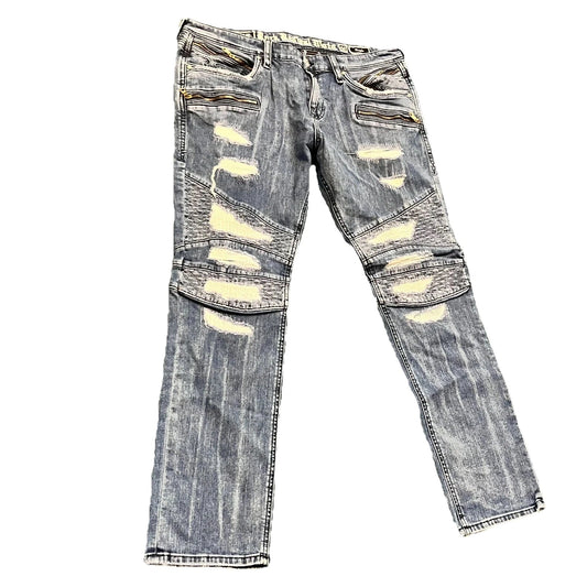 Rock Revival Mens Blue Distressed Moto Gayle Zipper Pocket Jeans Rare 40