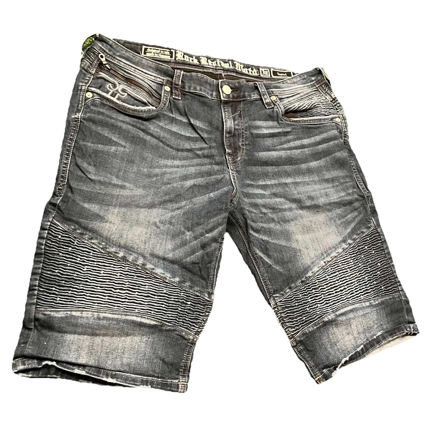Rock Revival Mens Black Distressed Moto Tariel Classic Denim Jean Shorts Rare 38