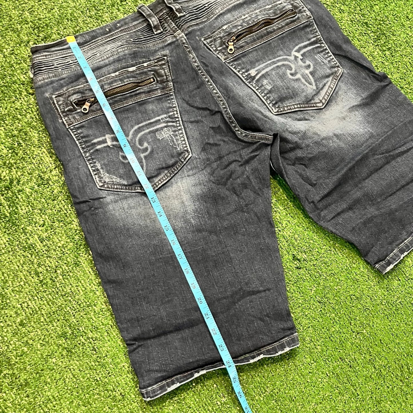 Rock Revival Mens Black Distressed Moto Tariel Classic Denim Jean Shorts Rare 38