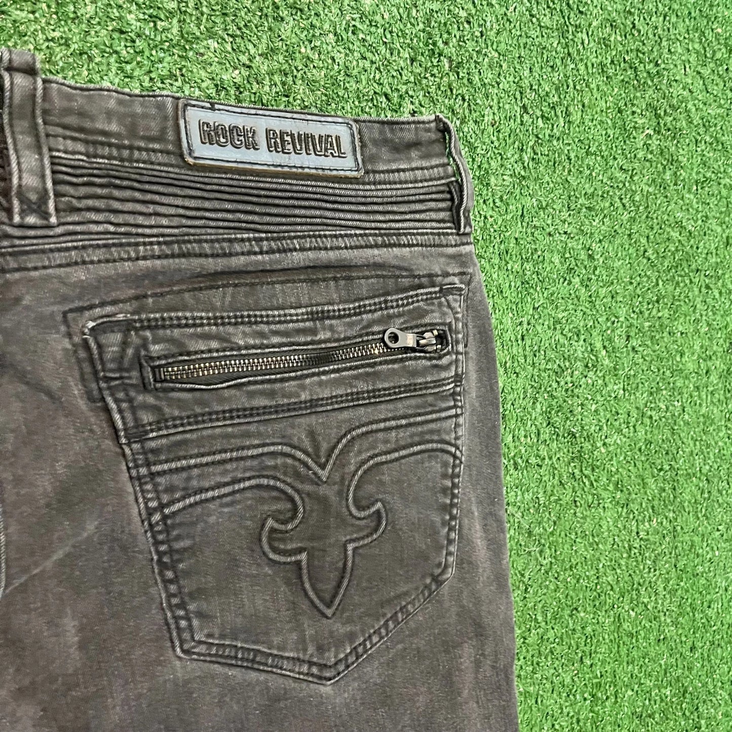 Rock Revival Mens Black Stretch Slim Fit Classic Look Moto Lean Jeans Rare 40