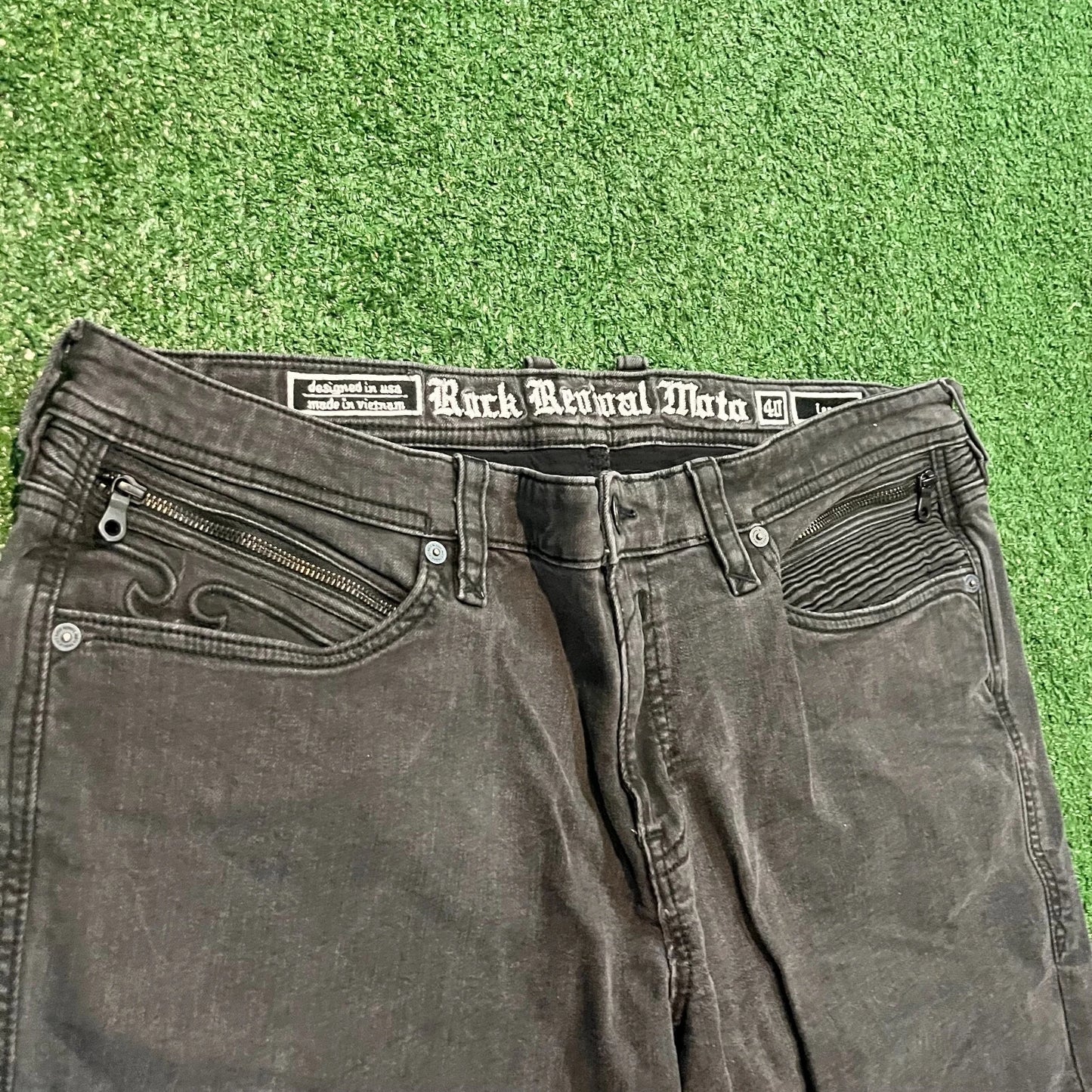 Rock Revival Mens Black Stretch Slim Fit Classic Look Moto Lean Jeans Rare 40