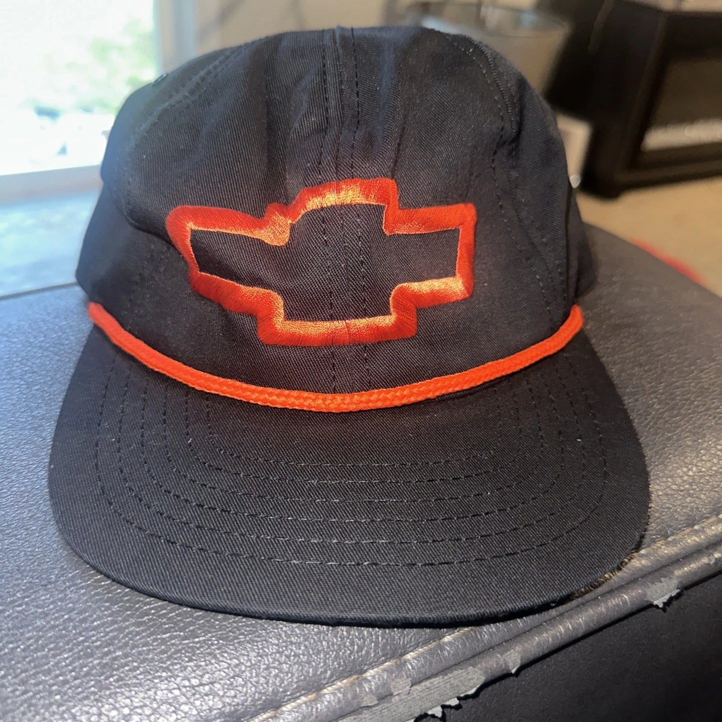 Vintage Chevrolet Chevy Logo Trucker Hat Cap Bowtie Black Red Rope Snapback USA
