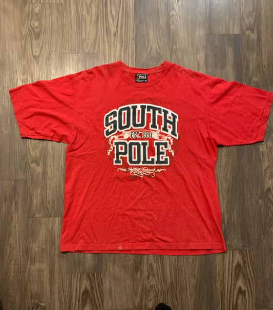 Vintage South Pole Mens Red Embroidered Y2K Streetwear Spellout T-Shirt Size XL
