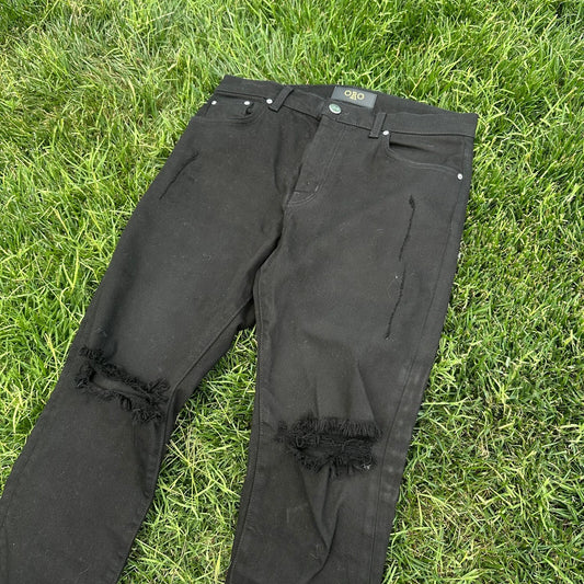 ORO Mens Black Dark Wash Denim 5-Pockets Design Distressed Skinny Jeans Size 30