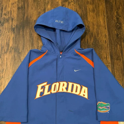 NIKE TEAM DRI FIT FLORIDA GATORS BUTTON UP SHORT SLEEVE HOODED WARM UP LARGE L