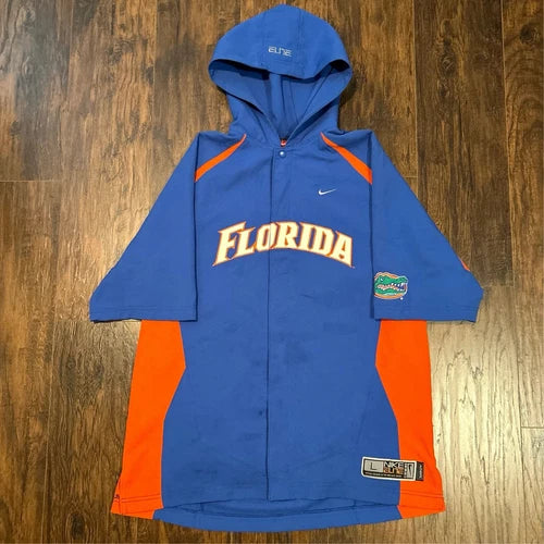 NIKE TEAM DRI FIT FLORIDA GATORS BUTTON UP SHORT SLEEVE HOODED WARM UP LARGE L