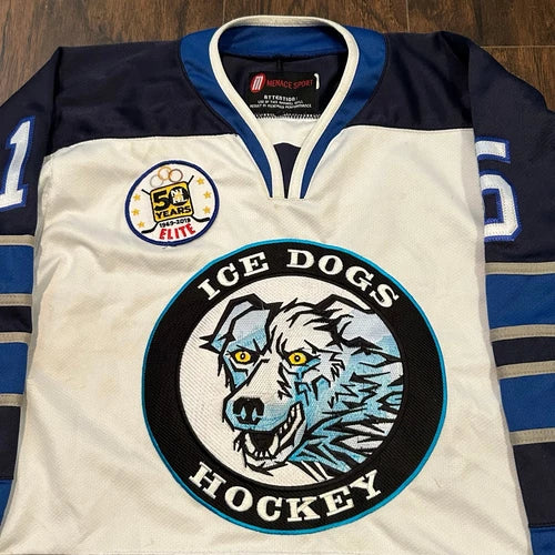 Vintage Ice Dogs Aliev #15 Sewn White Hockey Jersey By Menace Sport Youth Large