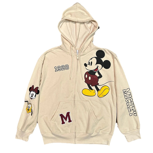 Disney 100 Licensed Ladies Full Zip Up Hoodie, Mickey Mouse, Beige Y2K Vintage