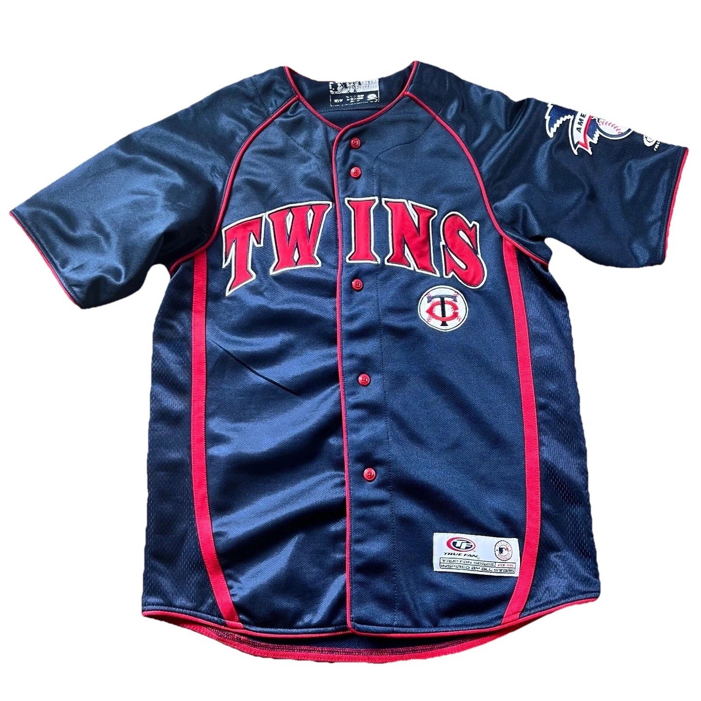 True Fan Mens Blue Red Minnesota Twins American Baseball MLB Button Down RARE